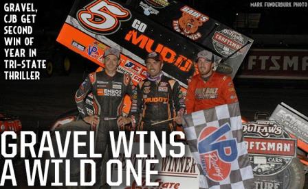 David Gravel won a thriller Sunday night at Tri-State Speedway with the WoO (Mark Funderburk Photo)