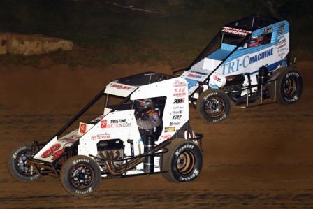 #84 Chad Boat battles #3c Tanner Thorson for the lead during Thursday's "Indiana Midget Week" feature at Lincoln Park Speedway in Putnamville, Indiana (David Nearpass Photo)