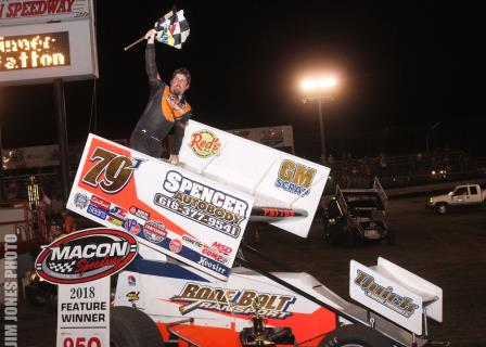 Jacob Patton celebrates his win during the MOWA Illinois Sprintweek stop at Macon Thursday (Brendon Bauman Photo)