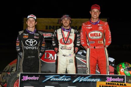 Feature winner Kevin Thomas, Jr. (middle), Indiana Midget Week champion and 2nd place finisher Spencer Bayston (right) and 3rd place finisher Logan Seavey (left) pose in victory lane following Sunday's IMW finale at Kokomo Speedway (David Nearpass Photo)