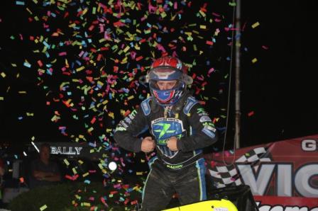 Brady Bacon poses in victory lane after winning Thursday night's "Eastern Storm" opener at Grandview Speedway. (Michael Fry Photo)