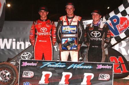 Christopher Bell (middle), the winner of "Tuesday Night Thunder" at Red Dirt Raceway, is joined by Keith Kunz Motorsports/Curb-Agajanian teammates Logan Seavey (right) who finished 2nd and Tanner Carrick (left) who finished 3rd. (Richard Bales Photo)