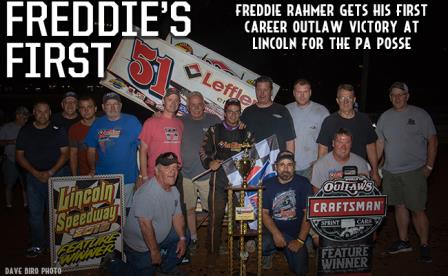 Freddie Rahmer won his first career feature with the WoO at Lincoln Thursday (Dave Biro/DB3 Imaging)