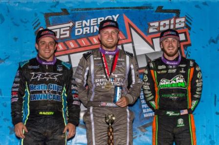 Winner Tyler Courtney (middle) is joined by 2nd place finisher Kevin Thomas, Jr. (right) and 3rd place finisher Brady Bacon (left) in victory lane following Sunday's NOS Energy Drink "Indiana Sprint Week" round at Lawrenceburg Speedway. (Dallas Breeze Photo)