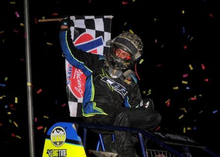 T-Mez celebrates his win at the Kokomo Indiana Sprintweek stop Tuesday (Travis Branch Photo)