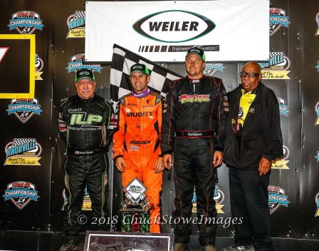 Saturday's All Star winner Kerry Madsen is flanked by second place Sammy Swindell (L) and third place Chad Kemenah (R) (Chuck Stowe Image)