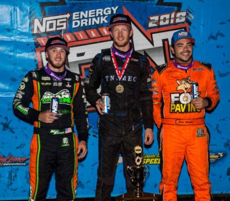 Bloomington winner C.J. Leary of Greenfield, Indiana is joined in victory lane by 2nd place finisher Kevin Thomas, Jr. (left) and 3rd place Chris Windom (right). (Ryan Sellers Photo)