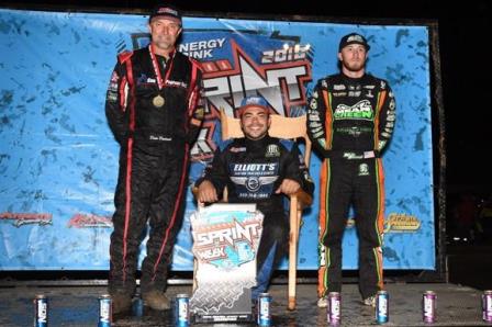 The top-3 in 2018 NOS Energy Drink "Indiana Sprint Week" points - champion Chris Windom (middle), 2nd place Kevin Thomas, Jr. (right), plus race winner and 3rd place in points, Dave Darland (left). (David Nearpass Photo)