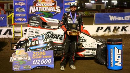 Jake Swanson holds the Little Gator trophy as the winner of Tuesday night's Federated Auto Parts DIRTcar Nationals at Florida's Volusia Speedway Park. (Rich Forman Photo) (Video Highlights from FloRacing.com)
