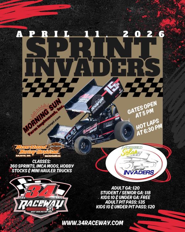 Mohrfeld Solar Sprint Invaders Open 18-Race 2026 Season with 34 Raceway Saturday!