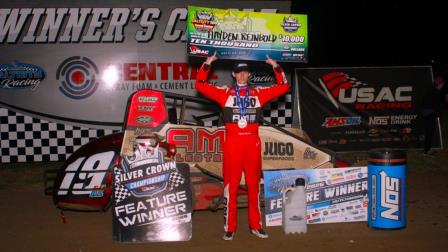 Hayden Reinbold captured his first career USAC Silver Crown victory in his first career USAC Silver Crown start on Saturday night at the Kansas State Fairgrounds in Hutchinson. (Chris Pedersen Photo) (Video Highlights from FloRacing.com)