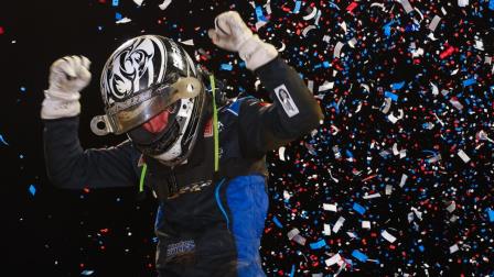 Karter Sarff celebrates his first career USAC NOS Energy Drink Midget National Championship feature victory during Wednesday night's USAC Indiana Midget Week round at Paragon Speedway. (Josh James Artwork Photo) (Video Highlights from FloRacing.com)