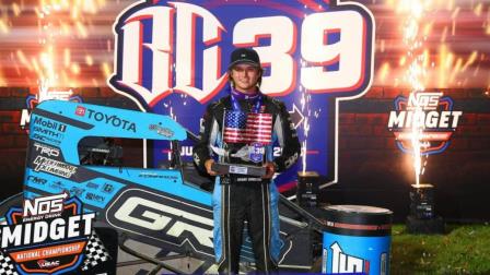 Drake Edwards scored the victory in Tuesday night's Stoops Star Spangled Showdown at The Dirt Track at Indianapolis Motor Speedway. (Josh James Artwork Photo) (Video Highlights from FloRacing.com)