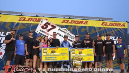 Kyle Larson with his team in victory lane after winning the Jokers Jackpot at Eldora Speedway. (T.J. Buffenbarger Photo) (Video Highlights from FloRacing.com)