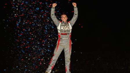 A joyous Kyle Cummins celebrates his victory during Thursday night's Chili's Sprint Car Smackdown XV opener at Indiana's Kokomo Speedway. (Ryan Sellers Photo) (Video Highlights from FloRacing.com)
