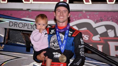 Logan Seavey celebrates with his daughter, Lane, after winning Friday night's Commonwealth Clash at Sarver, Pennsylvania's Lernerville Speedway. (Jim Balentine Photo) (Video Highlights from FloRacing.com)