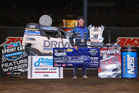 Kevin Thomas Jr. earned $20,000 after scoring his record-extending sixth career Haubstadt Hustler victory on Saturday night at Indiana's Tri-State Speedway. (Josh James Artwork Photo) (Video Highlights from FloRacing.com)