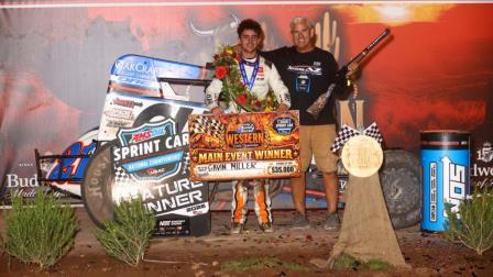 Winning driver Gavin Miller (left) celebrates with winning car owner Michael Burkhart (right) after capturing Saturday's 59th Western World Championships at Central Arizona Raceway featuring the USAC AMSOIL Sprint Car National Championship and the Avanti Windows & Doors USAC CRA Sprint Cars. (Rich Forman Photo) (Video Highlights from FloRacing.com)